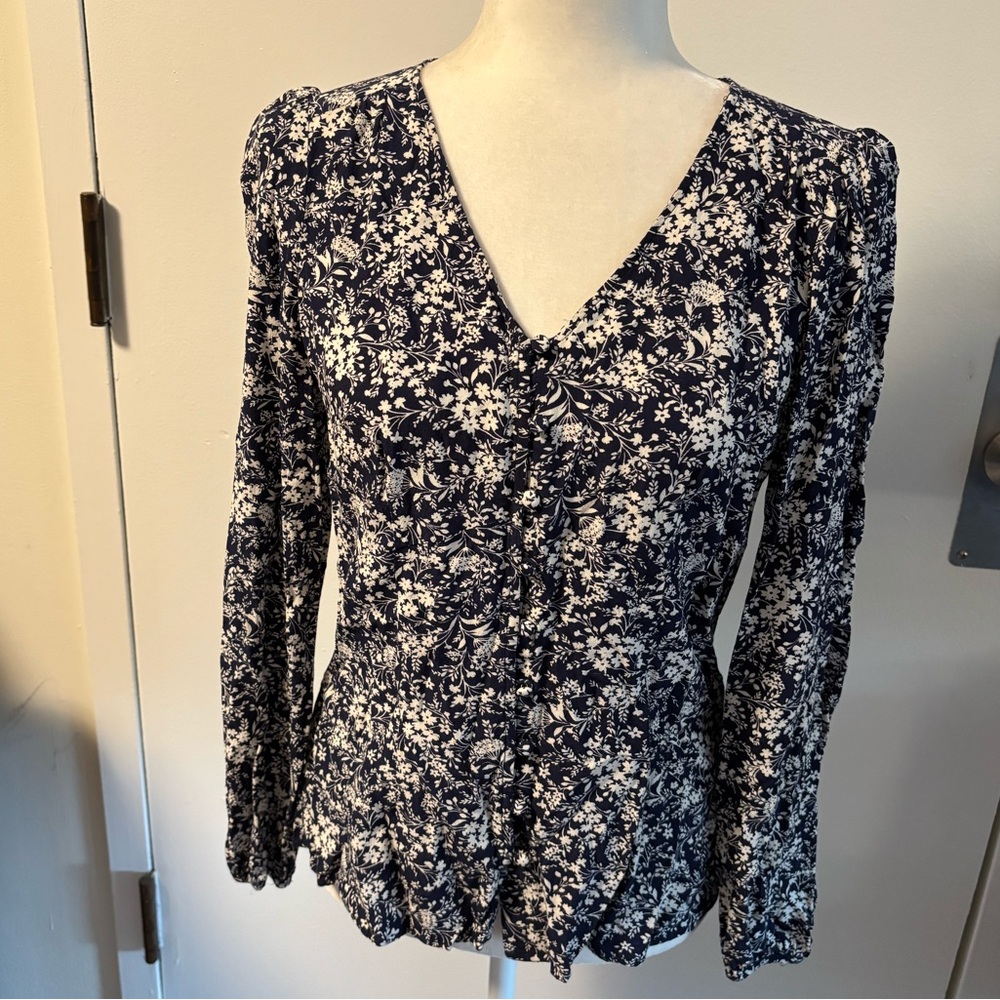 Talbots Navy and White Floral Top